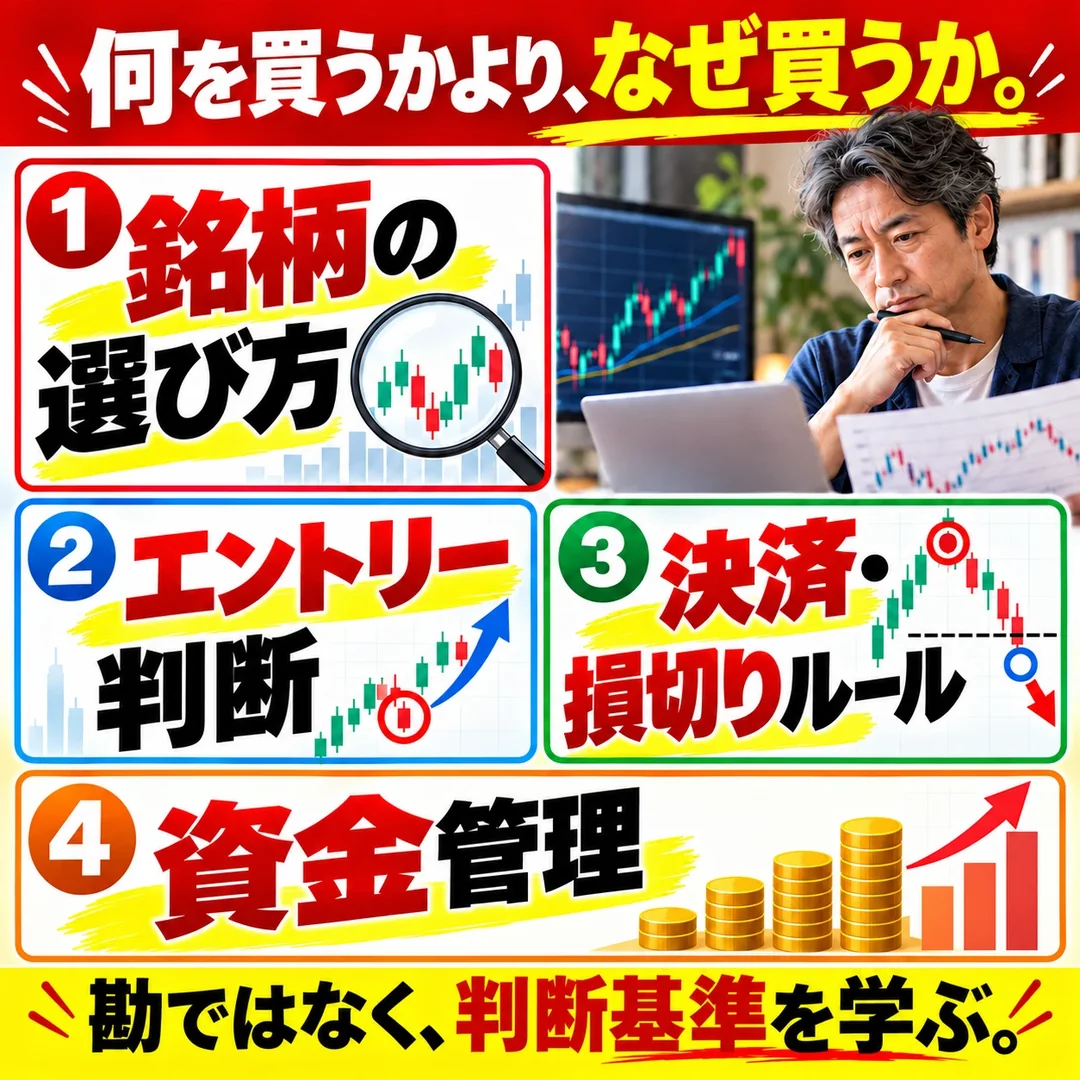 何を買うかより、なぜ買うか。①銘柄の選び方 ②エントリー判断 ③決済・損切りルール ④資金管理。勘ではなく、判断基準を学ぶ。